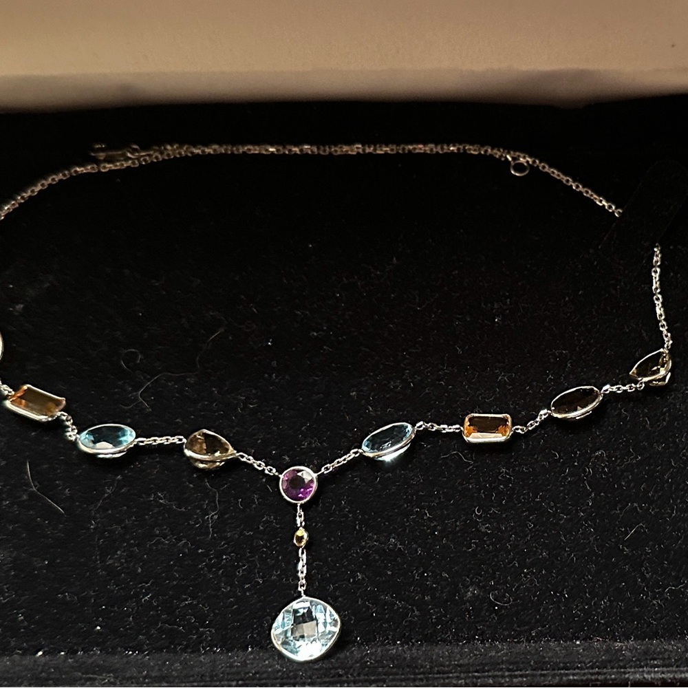 14 karat white gold Elegant Lariat Style Multi-Semi-Precious Gemstone Necklace